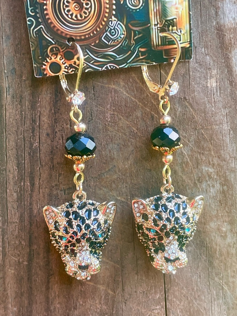 Hand Crafted Gold Leopard Head Drop Earrings with Black and Green Accents - Picture 5 of 8